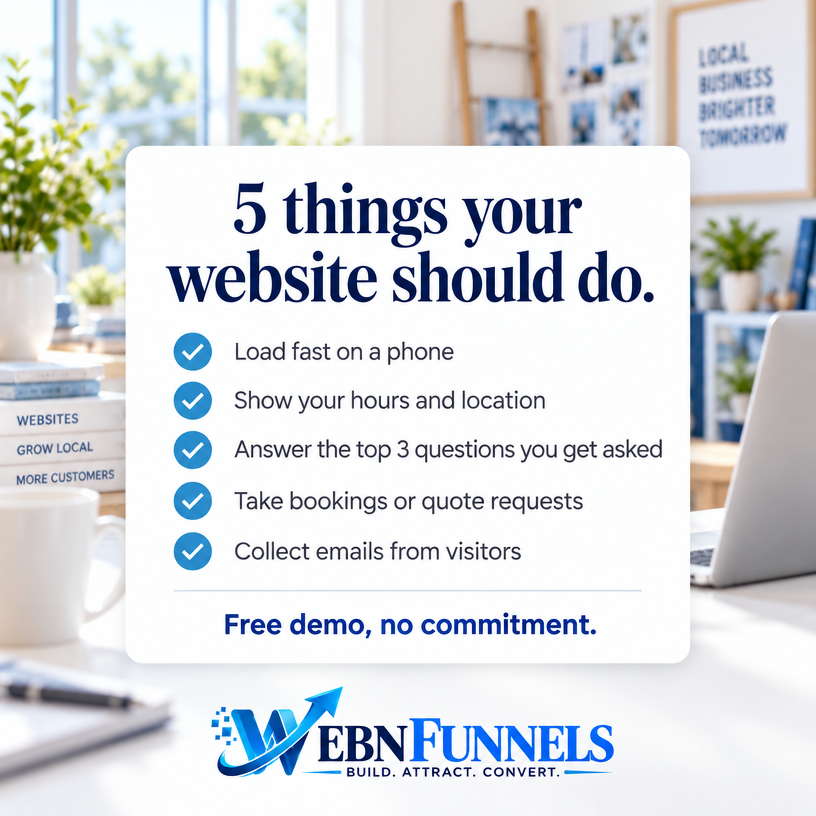 Checklist of five things a small-business website should do: load fast on a phone, show hours and location, answer top questions, take bookings or quote requests, and collect emails