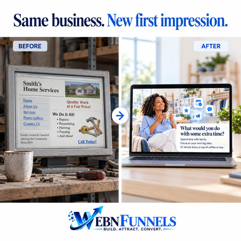 Before and after: an outdated small-business website on an old monitor beside a fresh, modern website on a laptop