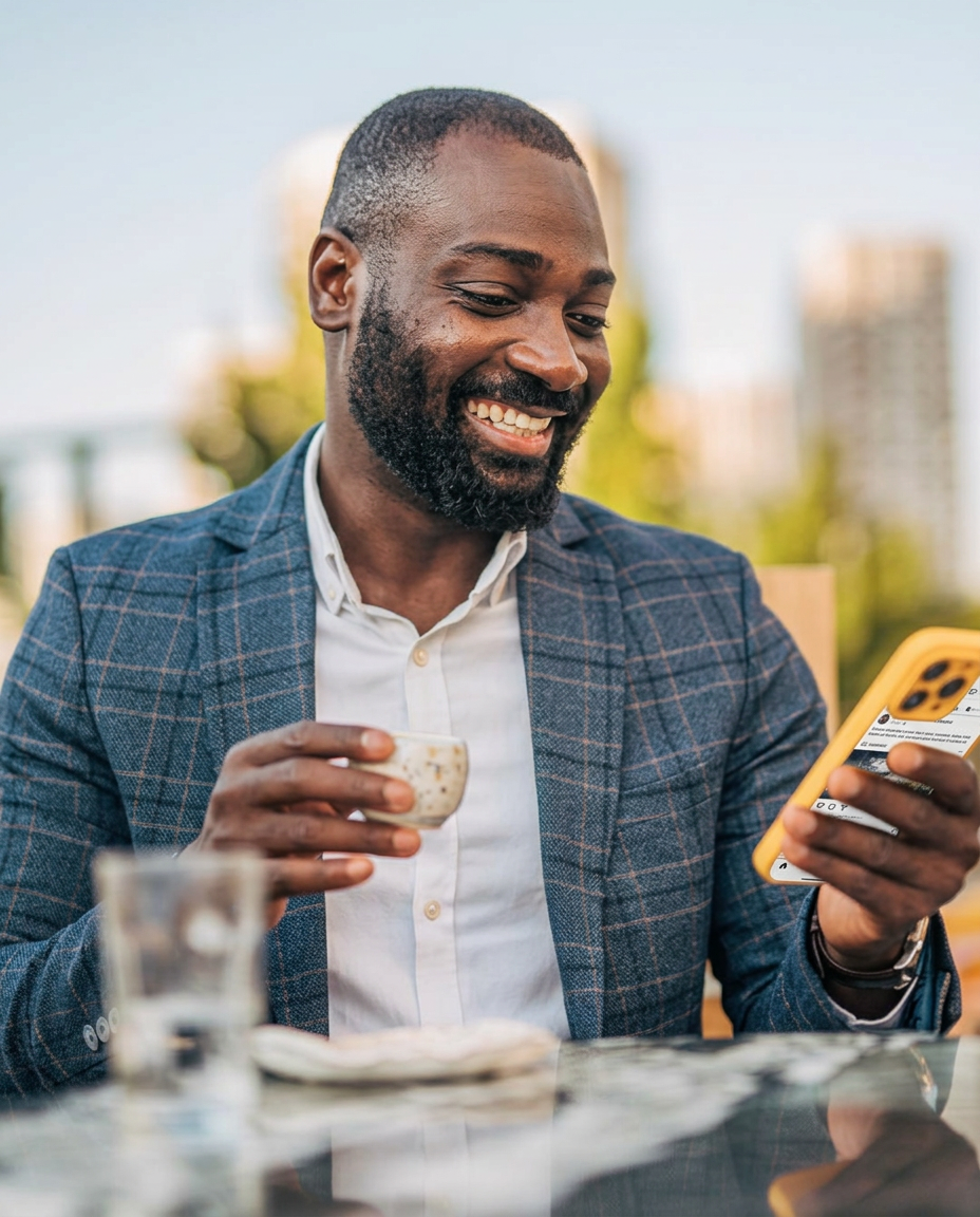 Business owner checking scheduled social media posts on his phone