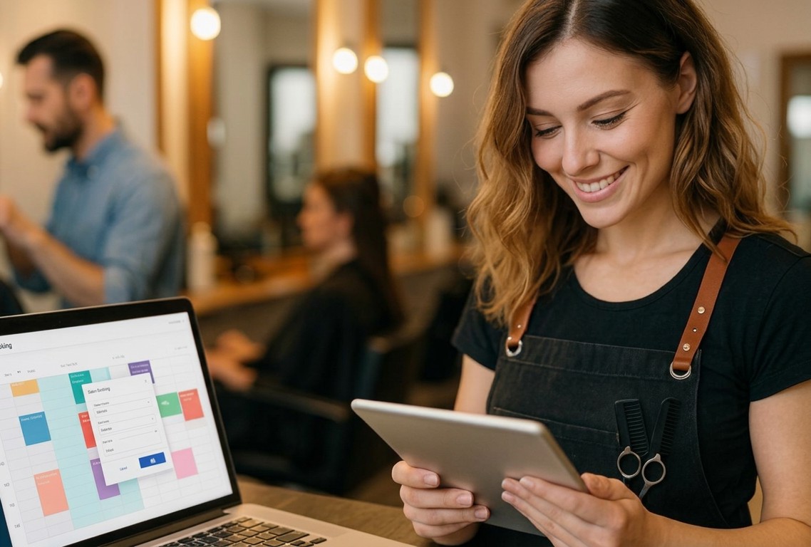 Salon owner reviewing her schedule on a tablet